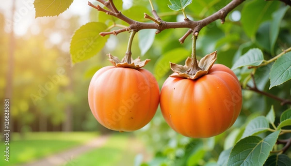 Fototapeta Orange persimmons hanging on tree branch in bright garden