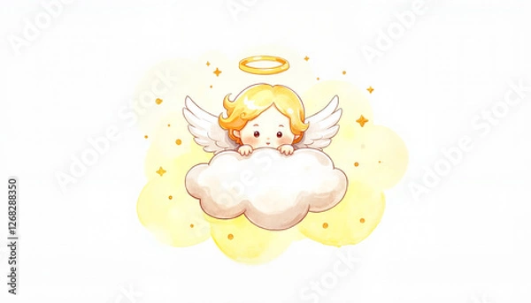 Fototapeta Angel baby peeking over a fluffy cloud with a halo