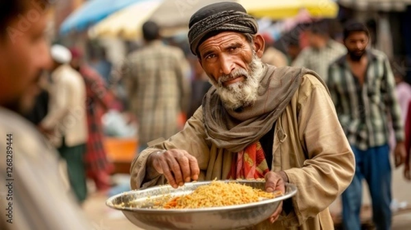 Fototapeta A man distributing food to the needy on Eid Mubarak with