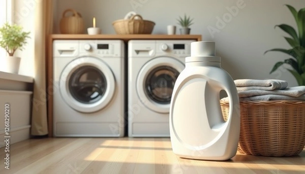 Fototapeta Photorealistic laundry detergent packaging mockup, large family-size detergent bottle with bold label, set against cozy laundry room scene with neatly folded clothes, soft warm lighting with realistic