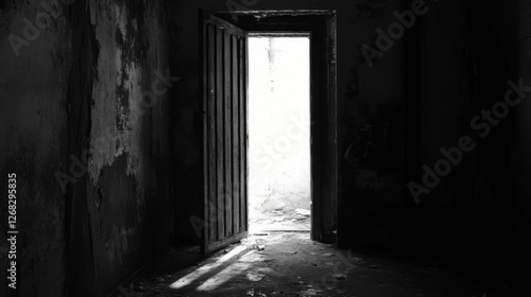 Fototapeta Dark room with a door opening to bright white light, creating a dramatic contrast.