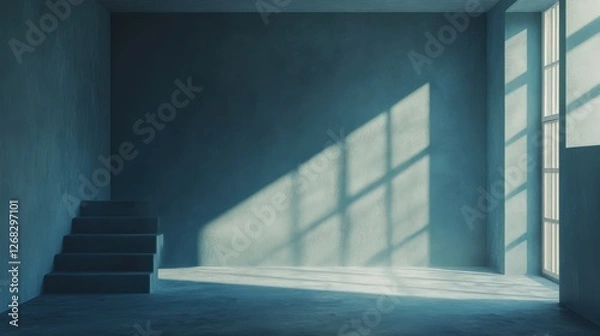 Fototapeta Modern interior with dusty blue tones and ample natural light for mockups.