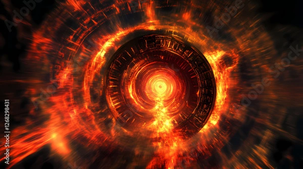 Fototapeta Symbol of the temporal anomaly, ancient artifact emitting glowing energy, disrupting reality, realistic painting, silhouette lighting, motion blurry effect. Warped Time Temples. Illustration