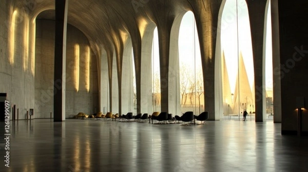 Fototapeta Modern Concrete Hall Interior  Spacious  Elegant Architecture with Seating