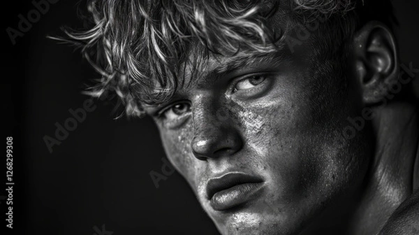Fototapeta A dramatic close-up of a young man with a contemplative look, depicted in black-and-white