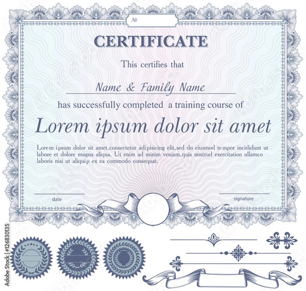 Fototapeta Vector blue certificate or coupon template with additional design elements