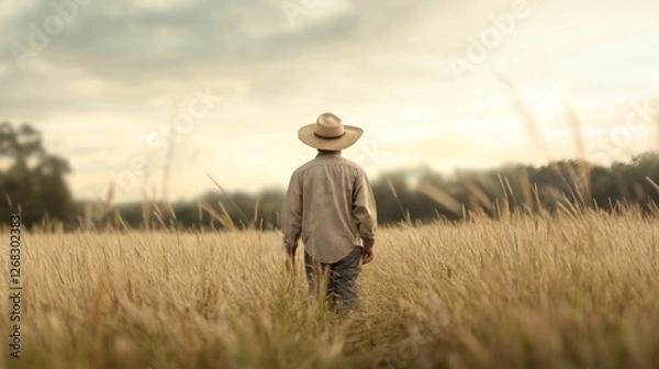 Fototapeta A farmer walking through golden wheat fields at sunset, reflecting on the day's work