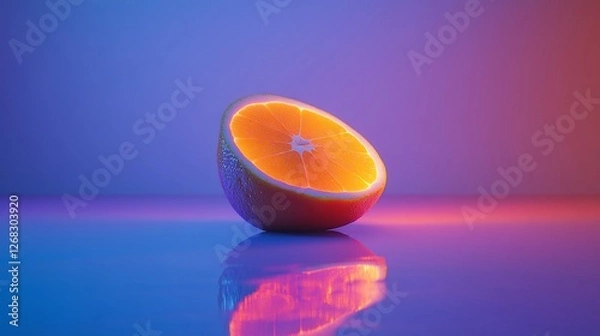 Fototapeta Glowing orange half on reflective surface.
