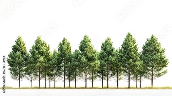 Fototapeta Evergreen trees row, white background, nature, design