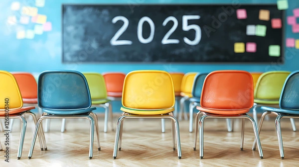 Fototapeta The Future is Now: A colorful array of empty chairs faces a blackboard marked "2025," symbolizing anticipation and readiness for the coming year.
