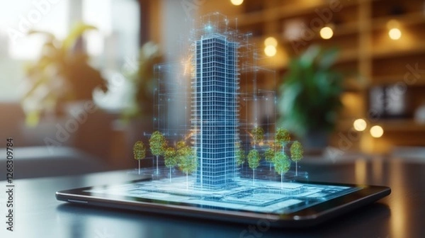 Obraz Tablet displaying architectural model of a high rise building with blueprints and design plans on the screen