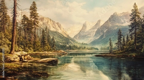 Fototapeta A serene mountain lake reflecting the surrounding peaks and forest in an artistic rendering