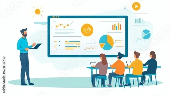 Fototapeta Professional Team Meeting with Data Presentation and Analysis Tools