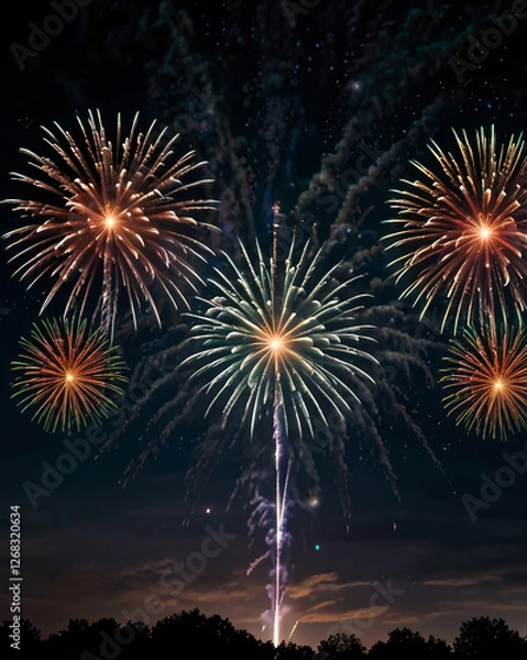 Fototapeta Bright fireworks explode in the dark sky, creating a stunning visual display.