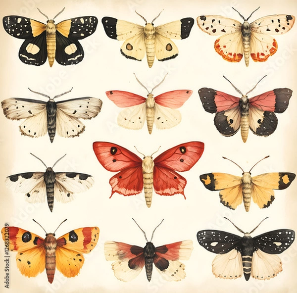 Fototapeta watercolor, white moths in various poses and colors, with red, black, and yellow accents, isolated on a clean white background. 