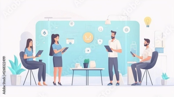 Fototapeta Modern office scene with professionals discussing ideas and using tablets., social media content creator concept