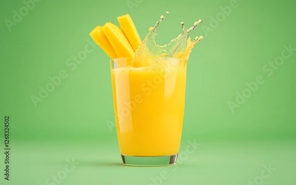 Fototapeta Refreshing Mango Juice with Splash and Slices