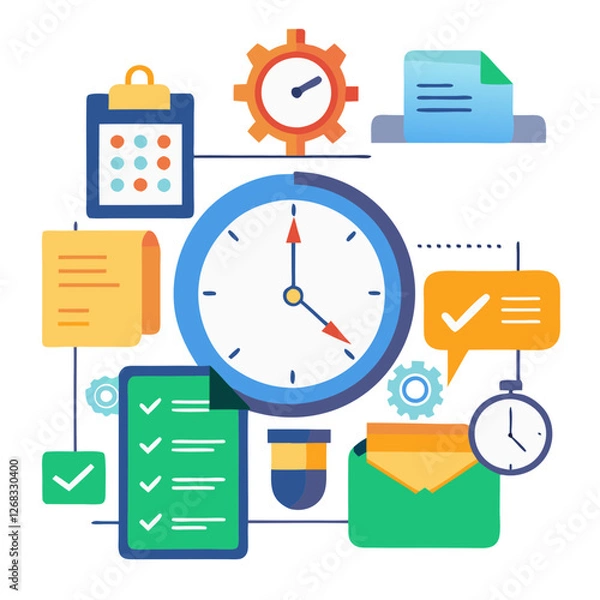 Fototapeta Visual representation of time and task management concepts featuring a clock, checklists, gears, and various organizing tools, illustrating efficient business practices and productivity techniques