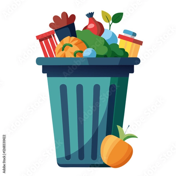 Fototapeta A trash bin is filled to the brim with assorted waste materials such as food scraps, bottles, and wrappers. Surrounding debris indicates neglect in waste management
