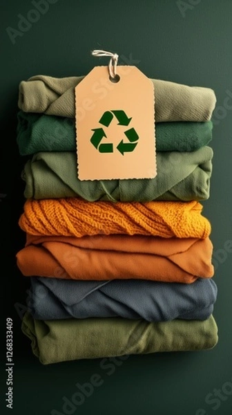 Fototapeta Stack of colorful recycled fabric with eco-friendly tag