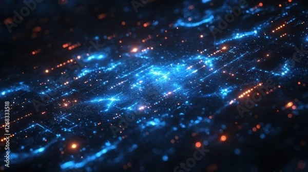 Fototapeta Blue and orange digital data stream, futuristic background