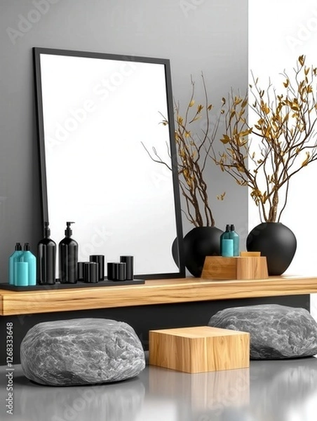Fototapeta Modern vanity display featuring a large mirror, decorative vases, and minimalist accents.