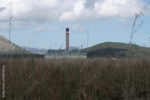 Fototapeta View of Es Murterar thermal power station or Alcudia power station, mountains and nature on cloudy day from hiking trail in Albufera de Alcudia, Mallorca, Balearic Islands. Natural reserve park.