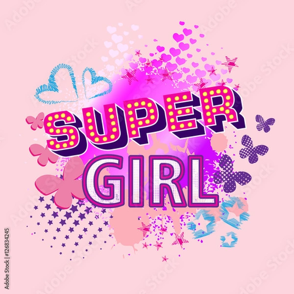 Fototapeta Abstract drawing for t-shirts. Background with hearts and creative design for girls. Fashion illustration drawing in modern style for clothes. Girlish print with stars, butterfly. Design for clothes