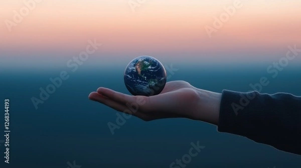 Fototapeta world earth hour day concept. Hand Shielding Glowing Earth Globe Protecting Our Fragile Planet s Future