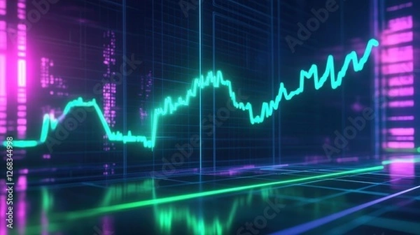 Fototapeta neon Bitcoin graph with a glowing green line rising upward, representing the rapid increase in cryptocurrency value.