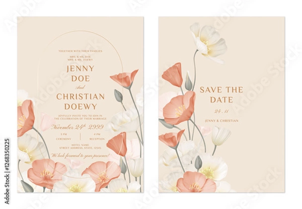 Obraz wedding invitation and save the date template set of delicate white and orange California Poppy flowers on a soft peach background, adding a warm and inviting atmosphere