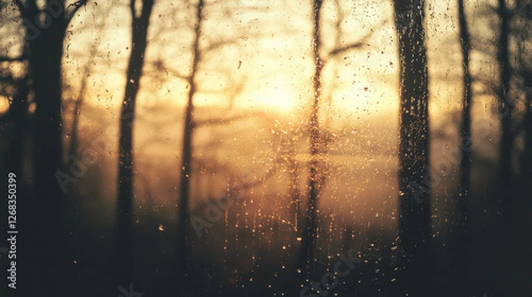 Fototapeta A misty window with condensation streaks, beyond which lies a forest's silhouette bathed in warm sunrise hues