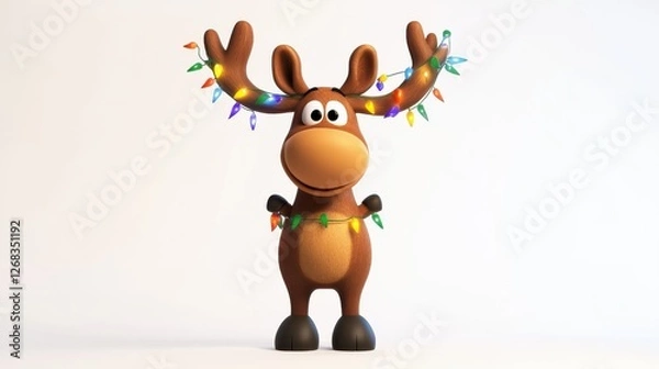 Fototapeta Cute Cartoon Moose with Colorful Holiday Lights on Antlers
