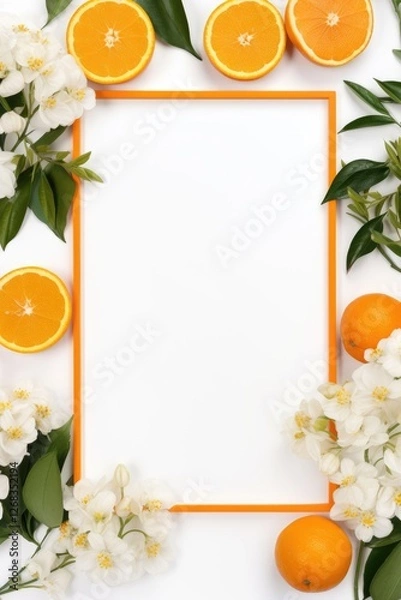 Fototapeta Orange frame with fresh citrus fruits, white jasmine flowers and green leaves on white background with copy space. Summer party decor for Birthday, Health day