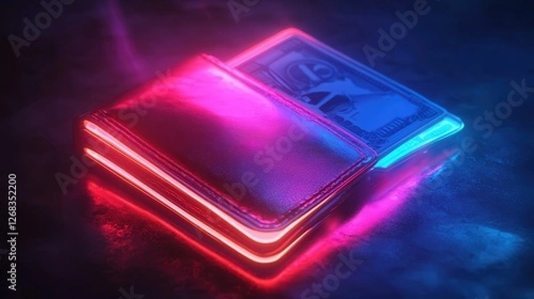 Fototapeta neon wallet with cash, illuminating a dark backdrop, symbolizing financial growth and the pursuit of prosperity.