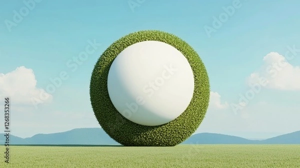 Fototapeta Rolling green sphere on lush field nature scene minimalist design clear sky serene environment conceptual art