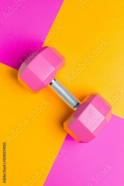 Obraz Dynamic weightlifting action home gym fitness equipment bright colors overhead view motivation and wellness