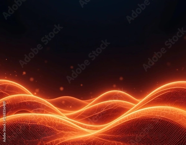 Fototapeta Illuminated Flow, Abstract Orange Waveforms with Floating Particles