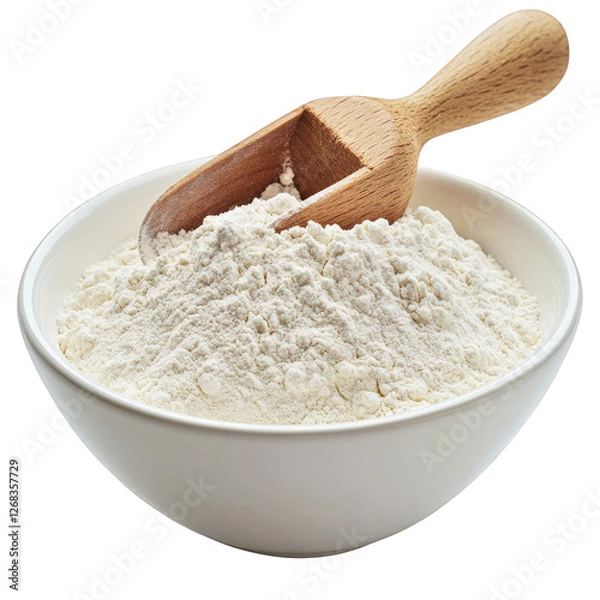 Obraz A bowl of flour with a wooden scoop, transparent background, PNG