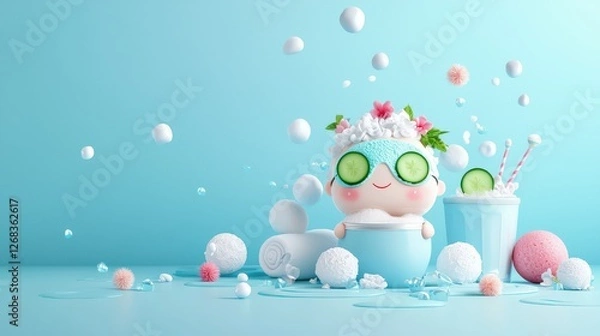 Fototapeta A cheerful 3D character enjoying a spa , relaxing with a face mask and cucumber slices on their eyes, surrounded by soft symbols of tranquility. The image is serene,