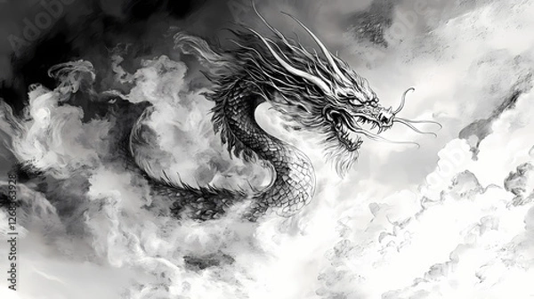 Fototapeta Smoke dragon a sideways glimpse of a ferocious beast emerging from a black and white ink cloud tribal. Cloudborn Leviathans. Illustration