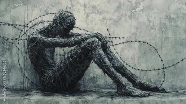 Fototapeta A Contemplative Figure Bound by Barbed Wire in a Gloomy Environment