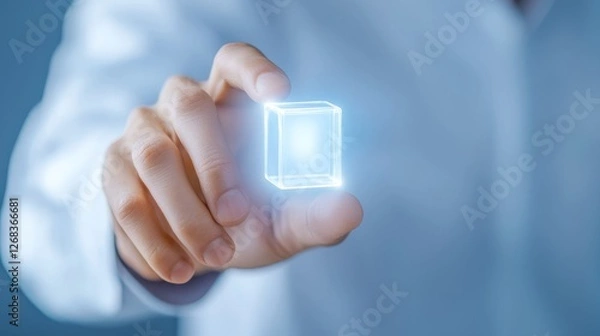 Fototapeta Humancomputer interaction, man in white shirt activates control interface by pressing a button with his finger