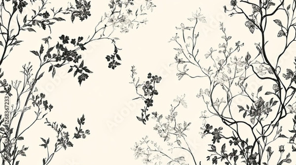 Fototapeta A delicate floral pattern featuring intricate black and white botanical illustrations.