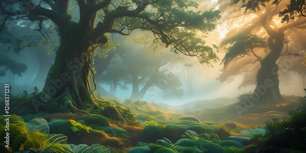 Fototapeta A breathtakingly beautiful nature background featuring a majestic, serene, and intriguing scene that exudes tranquility, with lush greenery, towering trees, created by generative ai