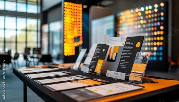 Obraz Office brochures displayed on table, modern lobby background