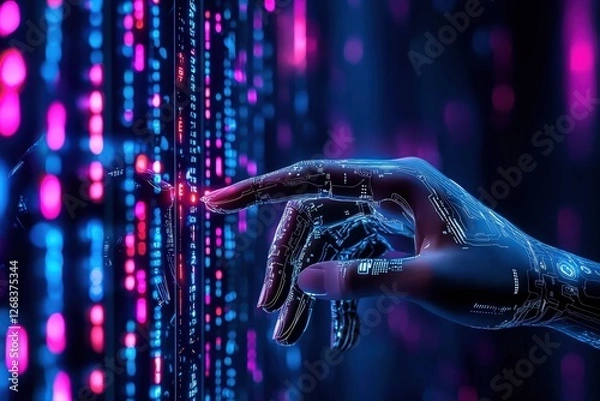 Fototapeta Ethical AI and responsible tech use, Futuristic Hand Touching Digital Interface in Colorful Data Stream Environment