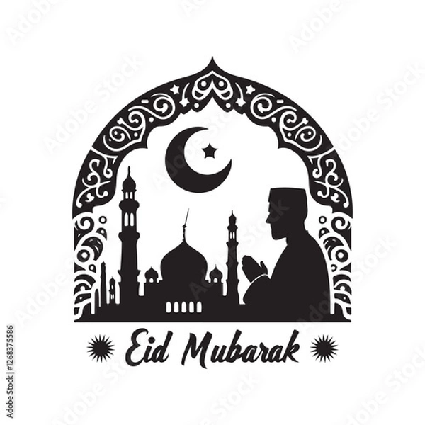Fototapeta Eid Mubarak Silhouette Vector Illustration, Solid White Background.
