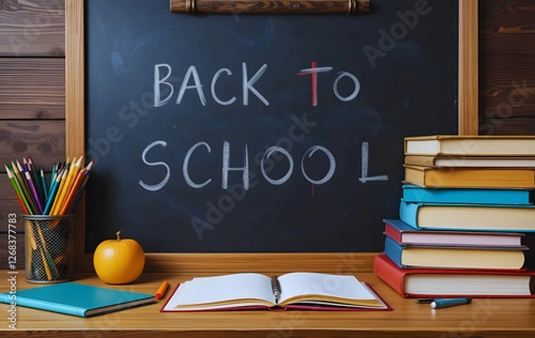 Obraz "Back to School" message written on a chalkboard with books, pencils, and an apple neatly arranged on a wooden desk