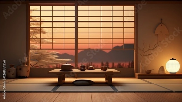 Fototapeta A Japanese-inspired zen room with a low table, tatami flooring, and soft lighting.